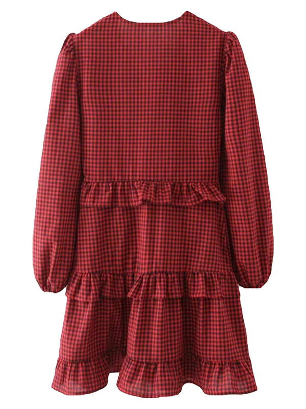 'Antonia' Black and Red Checked V-Neck Ruffled Mini Dress