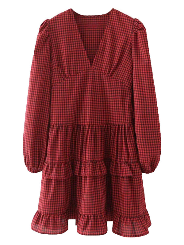 'Antonia' Black and Red Checked V-Neck Ruffled Mini Dress