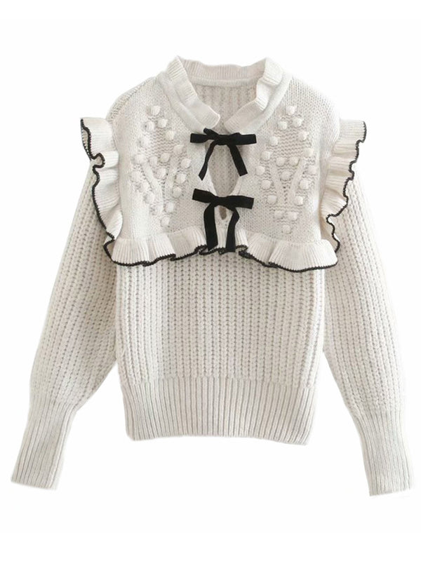 'Esther' Ruffle Neck Double Bow Knit Sweater