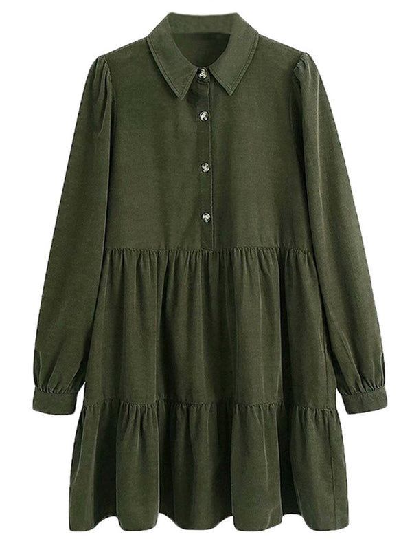 'Arianna' Button Front Green Corduroy Dolly Dress